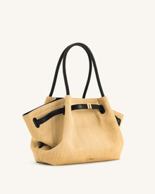 Hana  Medium Faux Straw Tote Bag - Brown Straw