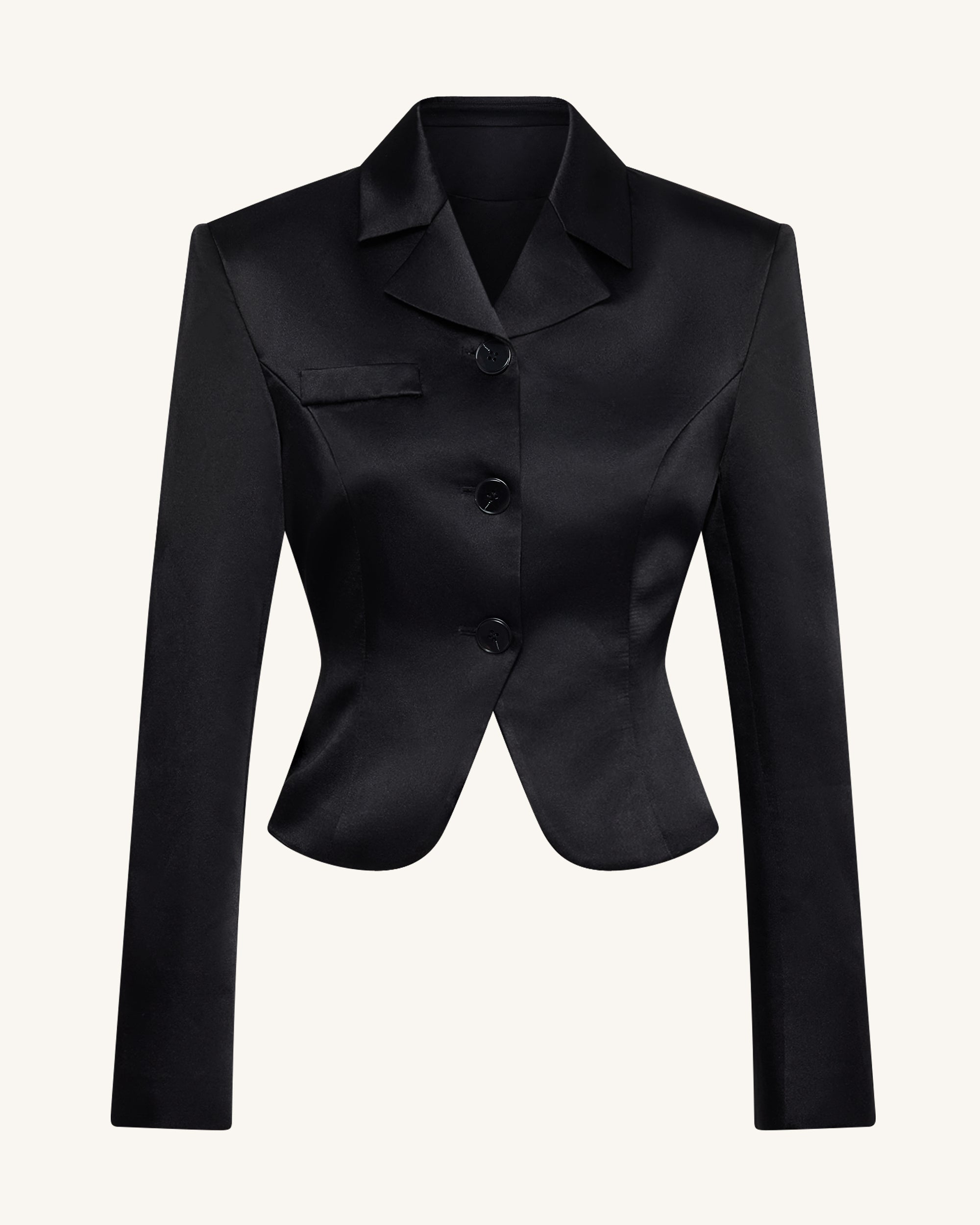 Satin Sculpted Waist Cropped Blazer - Black