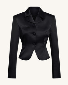 Satin Sculpted Waist Cropped Blazer - Black