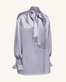 Ribbon Tie Balloon Sleeve Longline Blazer - Silver