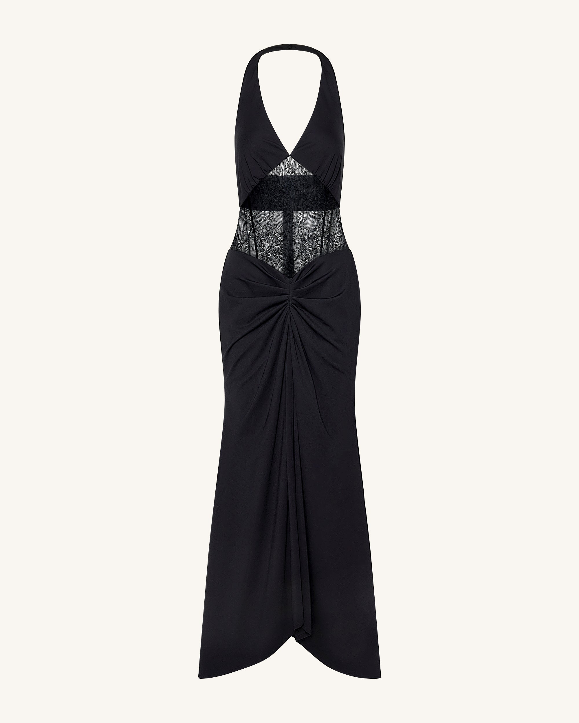 Ruched Lace Panel Maxi Dress - Black