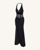 Ruched Lace Panel Maxi Dress - Black