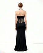 Ruched Lace Panel Maxi Dress - Black