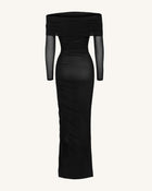 Ruched Off-Shoulder Mesh-Sleeve Mermaid Maxi Dress - Black