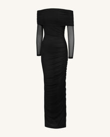 Ruched Off-Shoulder Mesh-Sleeve Mermaid Maxi Dress - Black