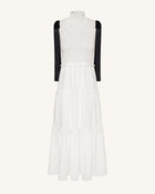 High-Neck Sleeveless Smocked Three-Tier Maxi Dress - White