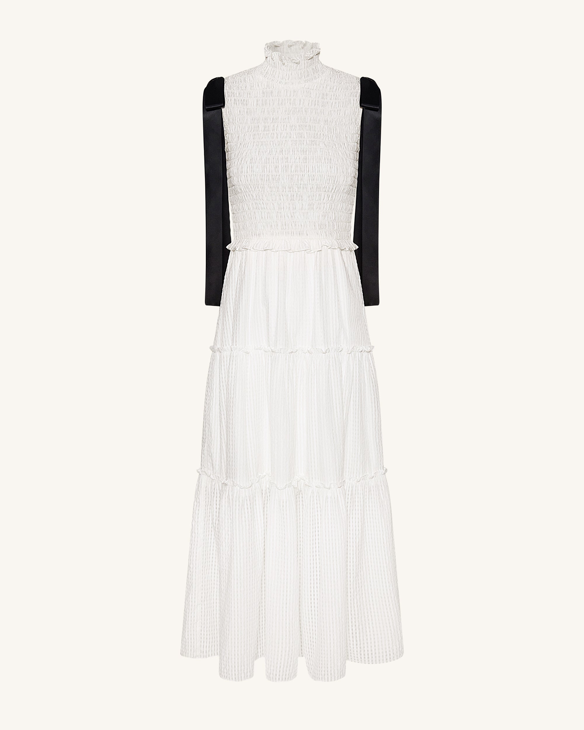 High-Neck Sleeveless Smocked Three-Tier Maxi Dress - White