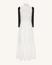 High-Neck Sleeveless Smocked Three-Tier Maxi Dress - White