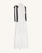 High-Neck Sleeveless Smocked Three-Tier Maxi Dress - White