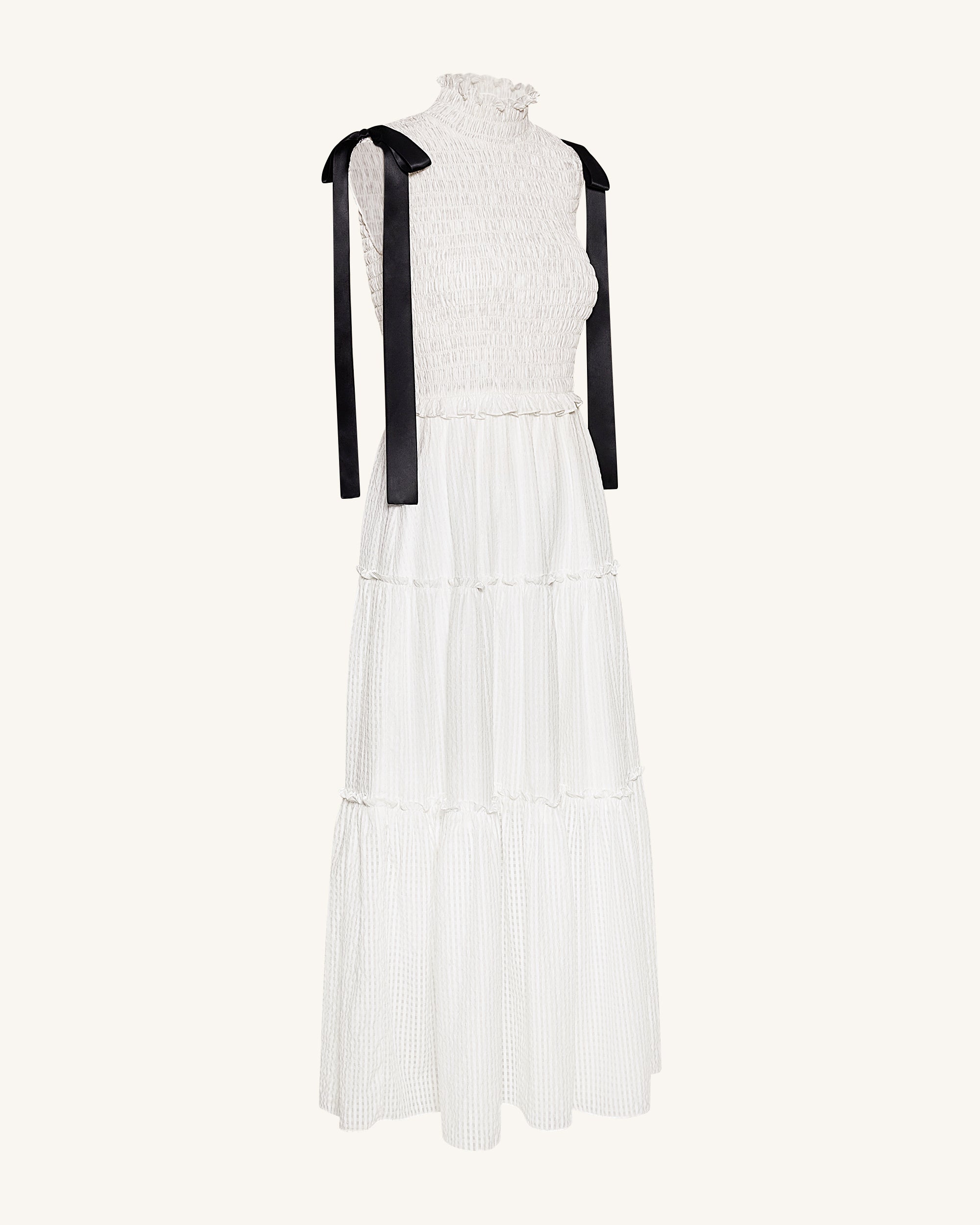 High-Neck Sleeveless Smocked Three-Tier Maxi Dress - White