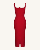 3D Floral Appliqué Square-Neck Sheath Midaxi Dress - Red