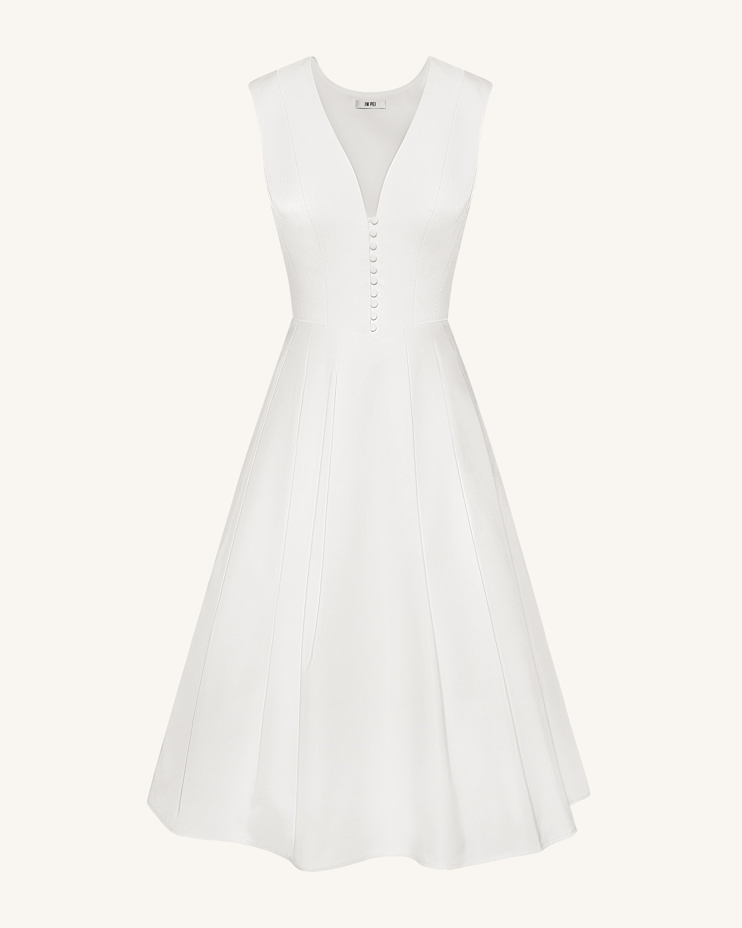 Front V-Neck Pleated Midi Dress - White