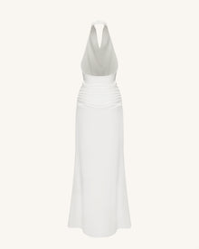 Satin Cowl Neck Ruched Maxi Gown - White