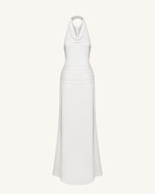 Satin Cowl Neck Ruched Maxi Gown - White