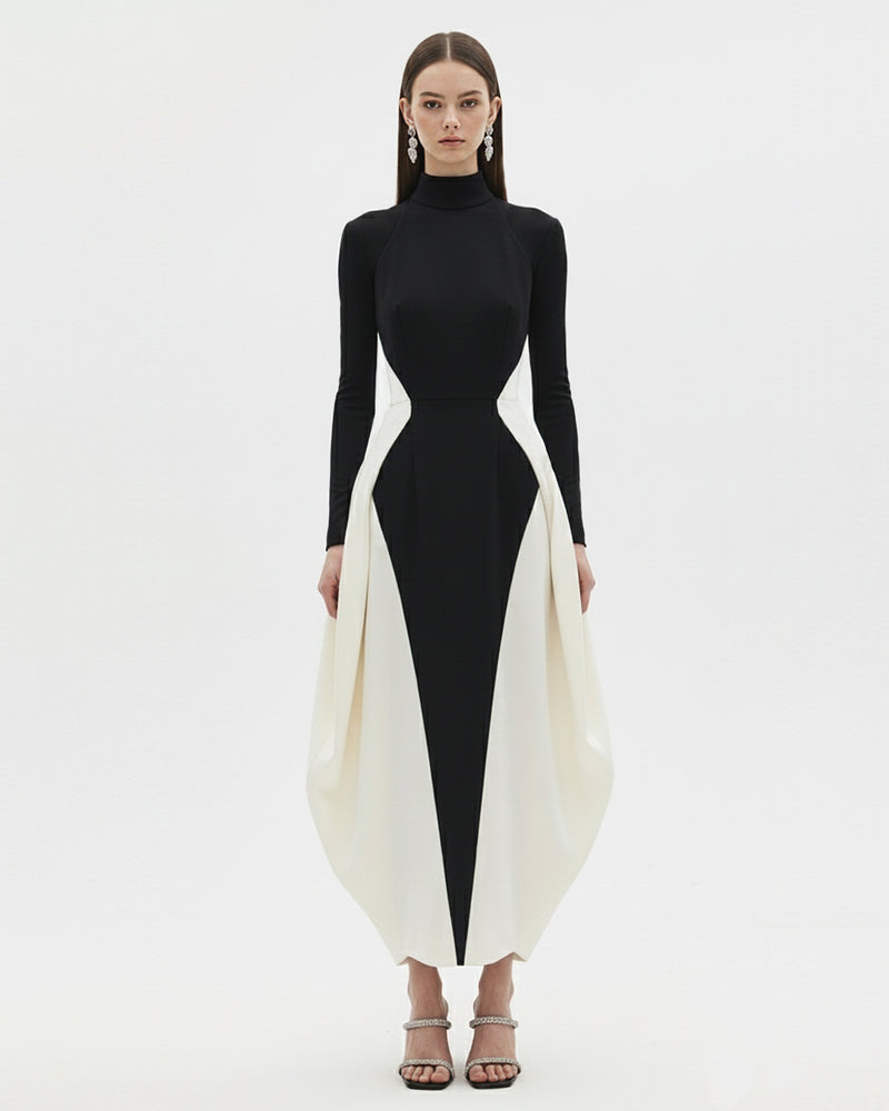 Monochrome Paneled Long-Sleeve Maxi Dress - Black