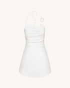 Floral Ruched Halter Mini Dress - White