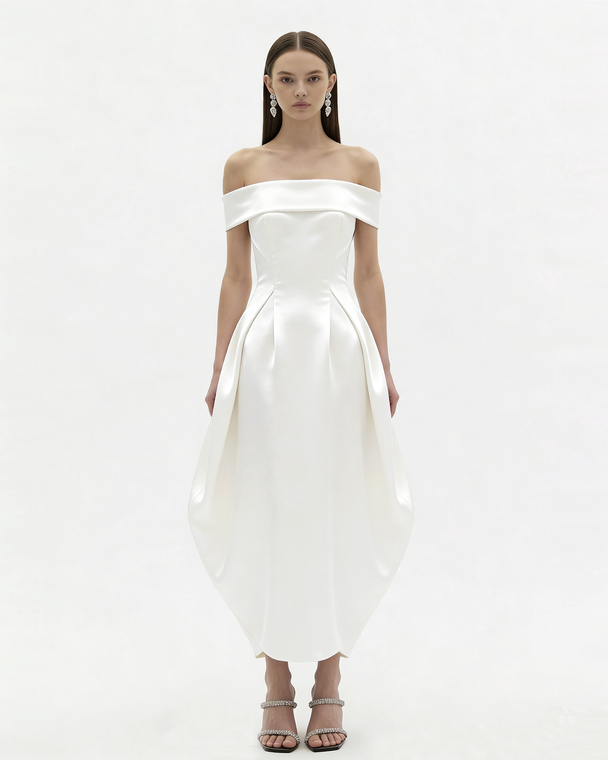 Satin Fold-Over Off-Shoulder Cocoon Midi Dress - White