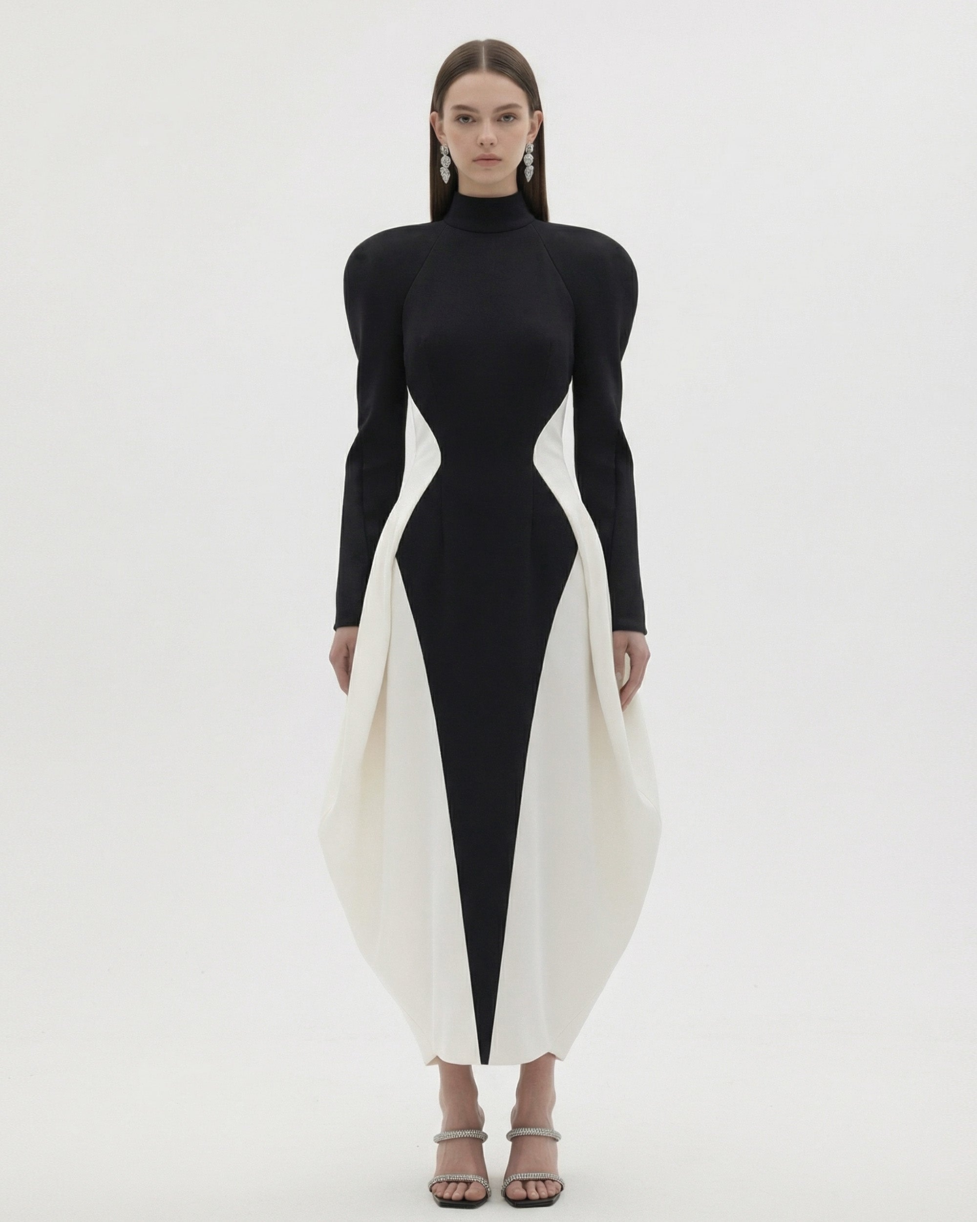 Contrast Paneled High-Neck Power-Shoulder Midi Dress - Black & White