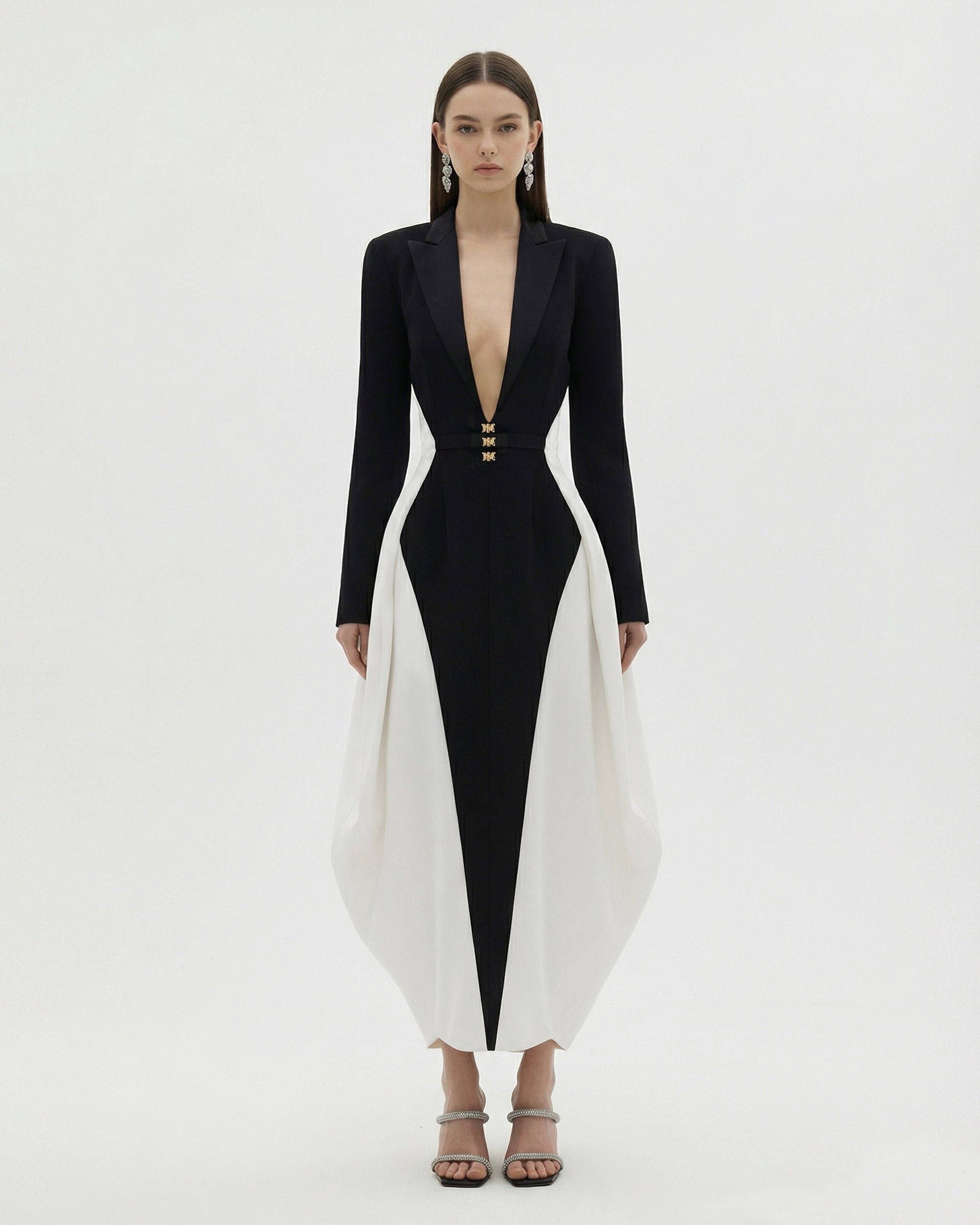 Contrast Paneled Plunging V-Neck Hourglass Midi Dress - Black