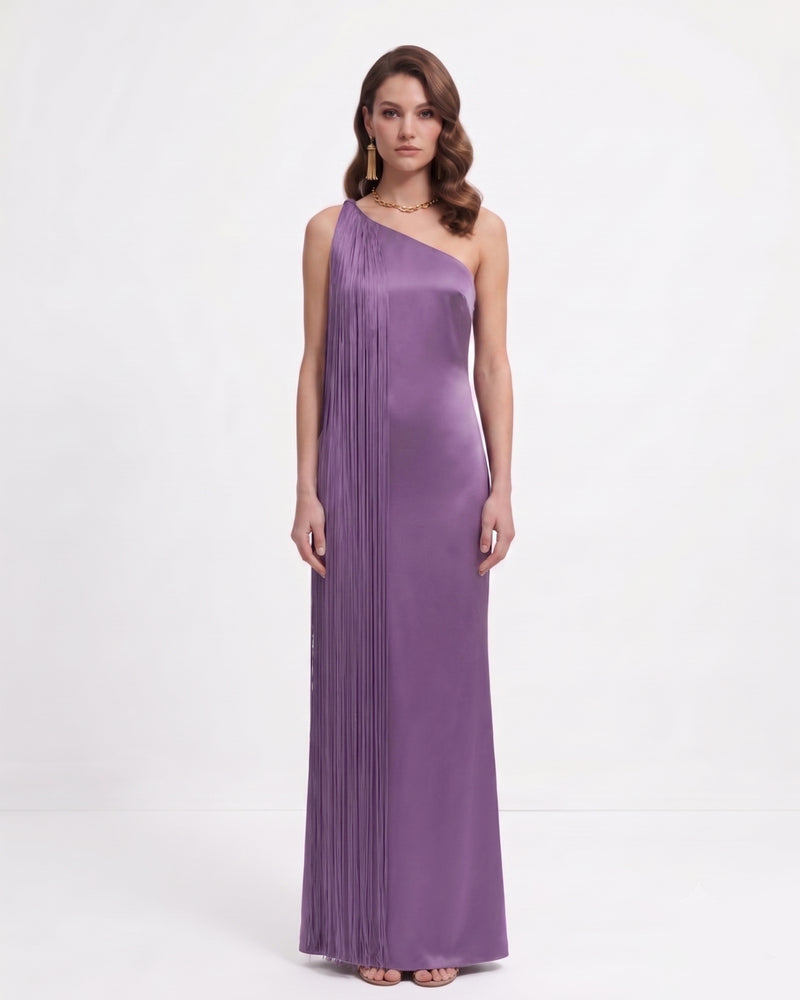 Fringe One Shoulder Maxi Dress - Purple
