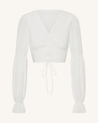 Chiffon Lantern-Sleeve Tie-Front Cropped Blouse - White