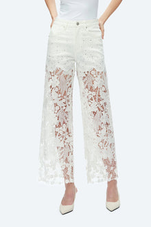 Embroidery High Rise Wide Leg Lace Denim Jeans With Rhinestone - White