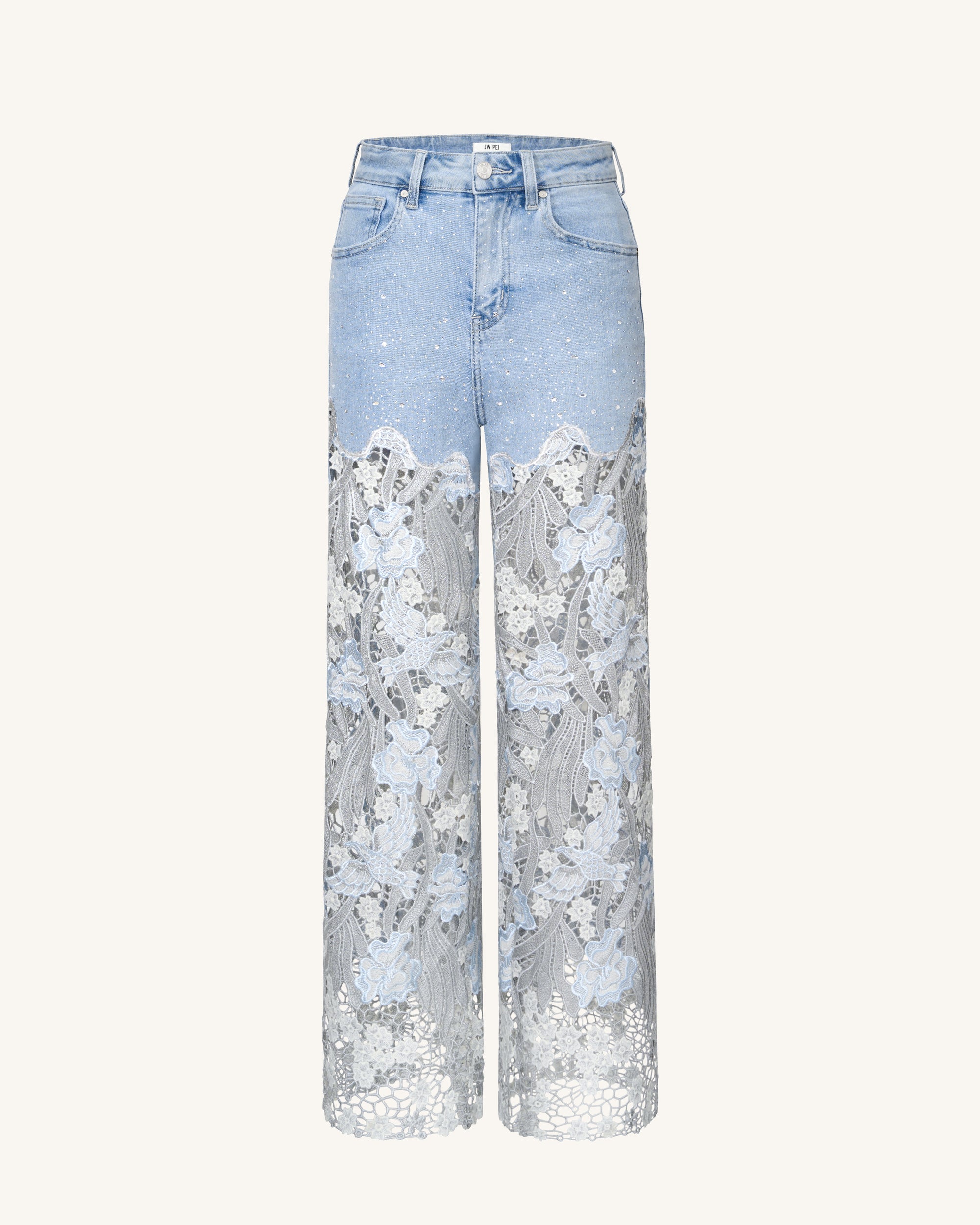 Embroidery High Rise Wide Leg Lace Denim Jeans With Rhinestone - Light Blue
