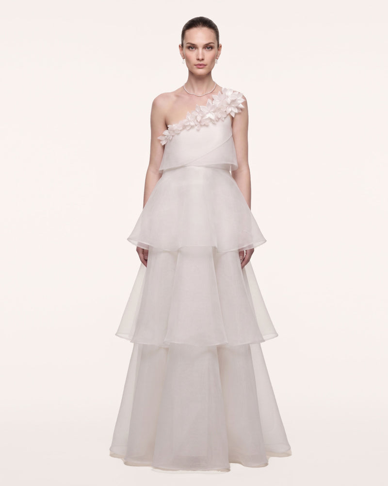 3D Floral Layered One-Shoulder Dress - Ivory