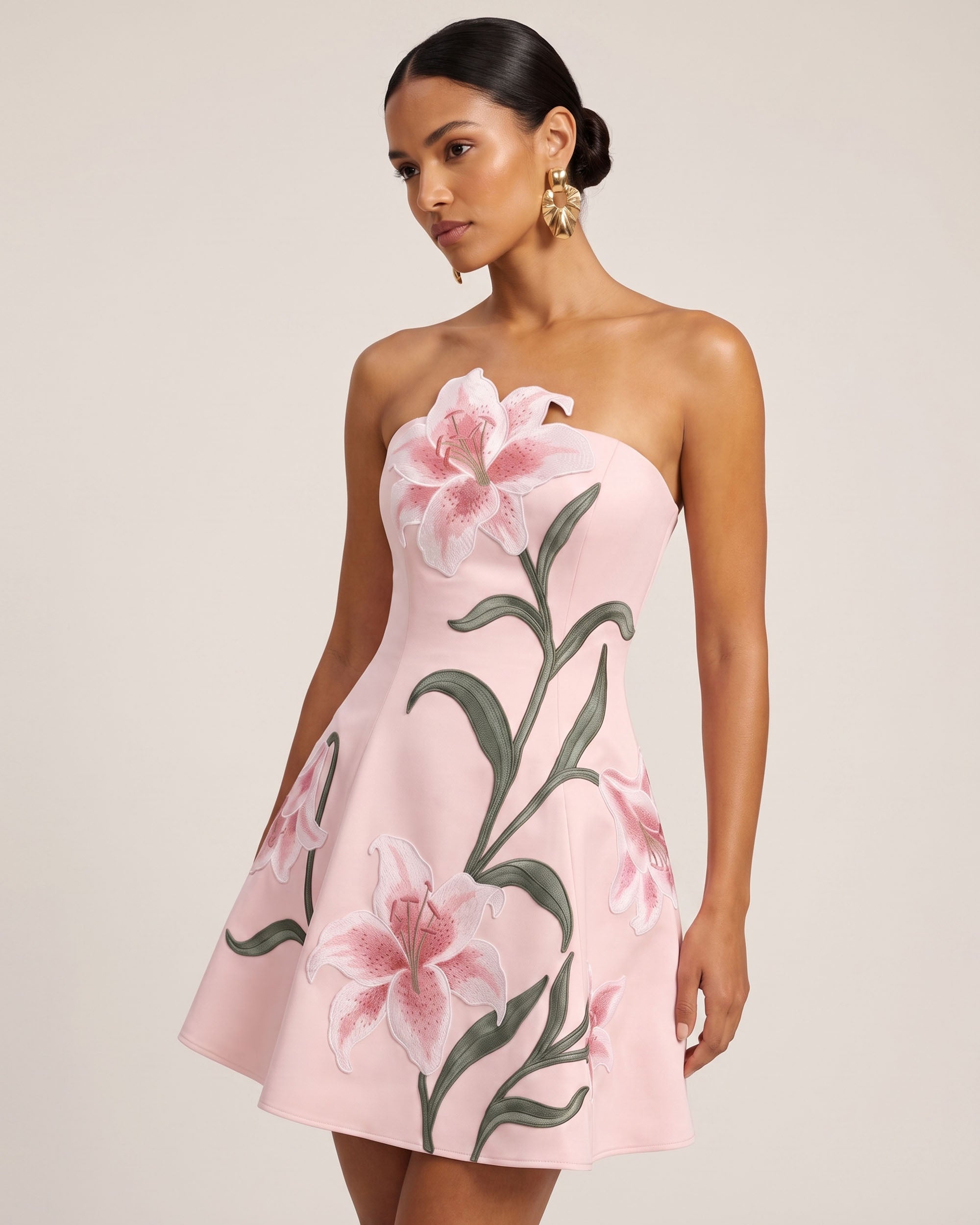 Lily Floral Print Strapless A-Line Mini Dress - Light Pink