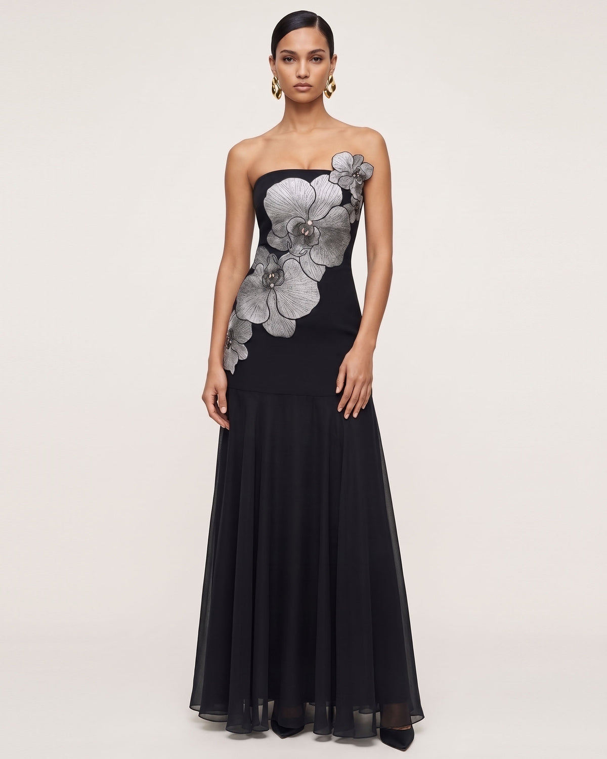 Orchid Embroidered Strapless A-Line Maxi Dress - Black