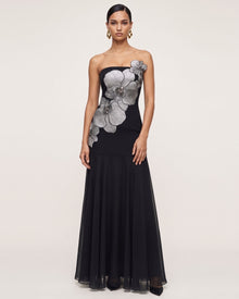 Orchid Embroidered Strapless A-Line Maxi Dress - Black