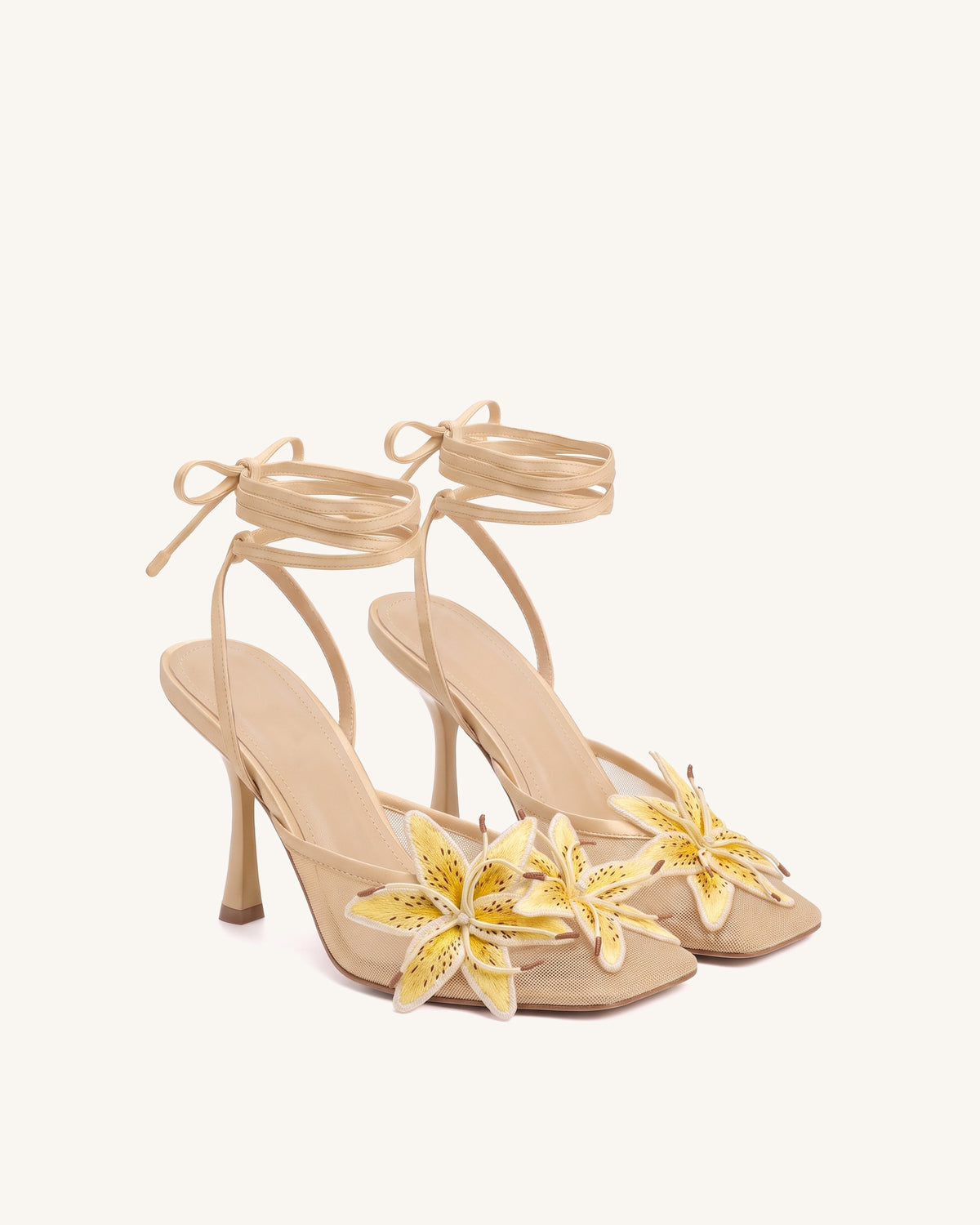 Isadora Lily Floral Mesh Lace-Up Stiletto Sandals - Apricot