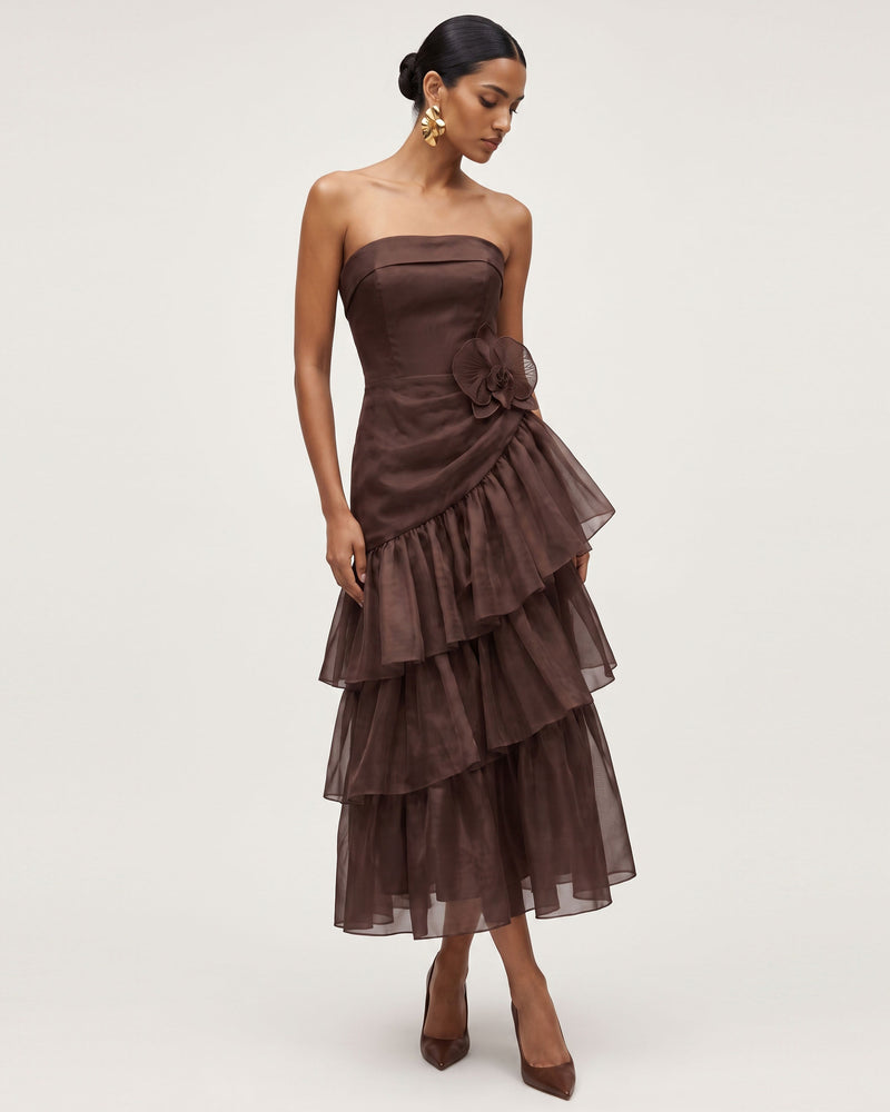 Orchid Embroidered Organza Strapless Midi Dress - Chocolate Brown