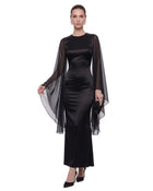 Open Back Butterfly Satin Maxi Dress - Black