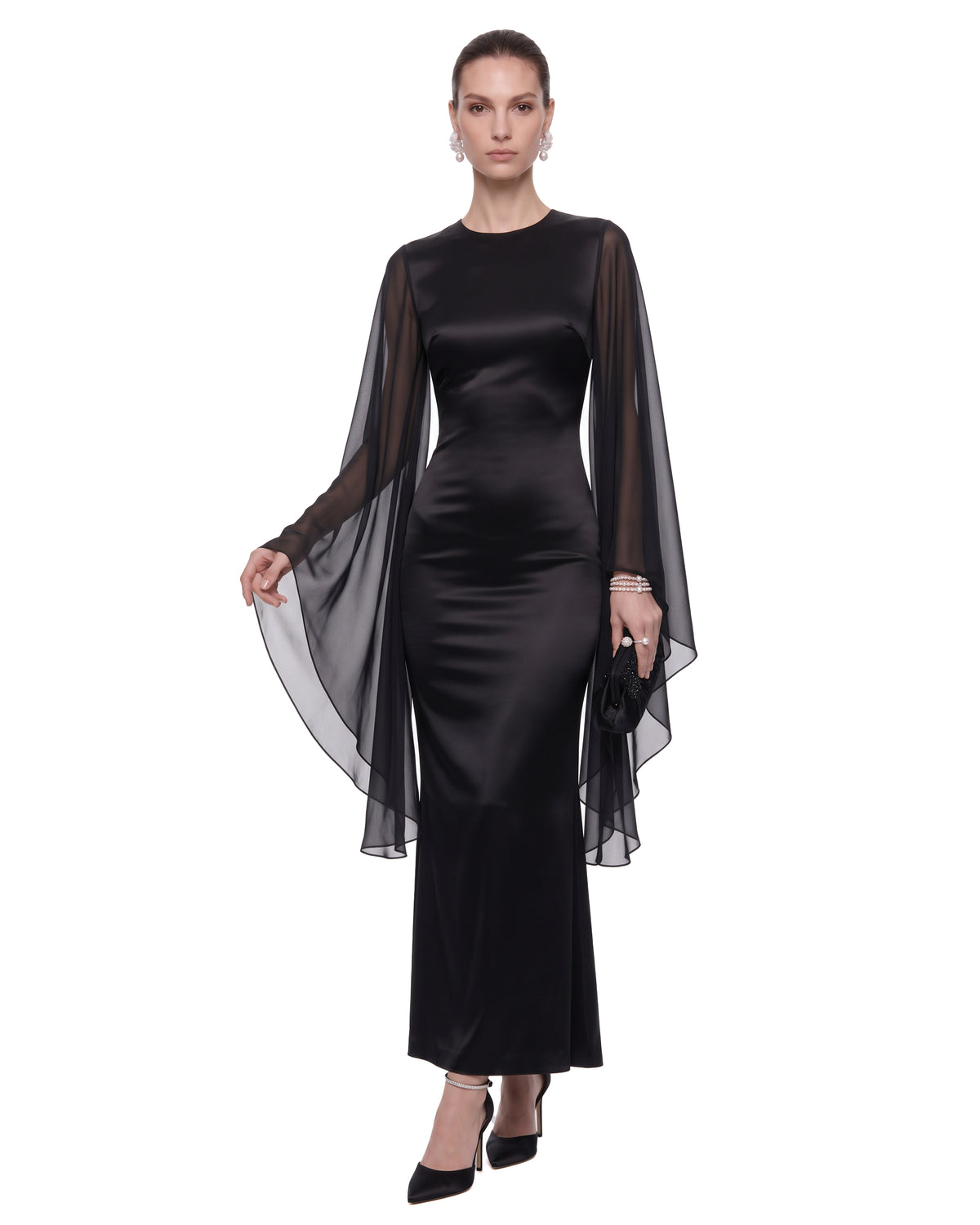 Open Back Butterfly Satin Maxi Dress - Black