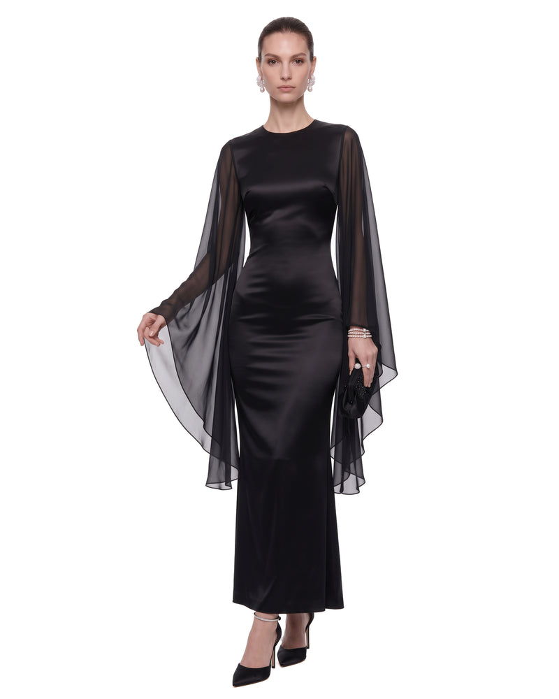 Open Back Butterfly Satin Maxi Dress - Black