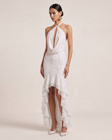 Orchid Beaded Embroidered Halter Cowl Neck High-Low Maxi Dress - White