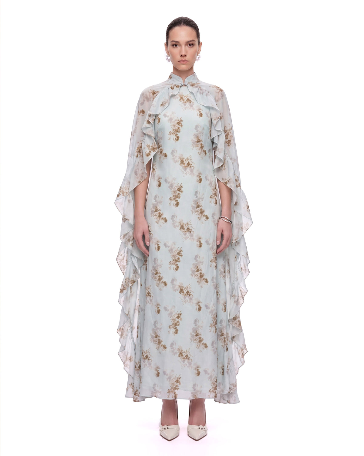 Floral Ruffle Cape Maxi Dress - Light Blue