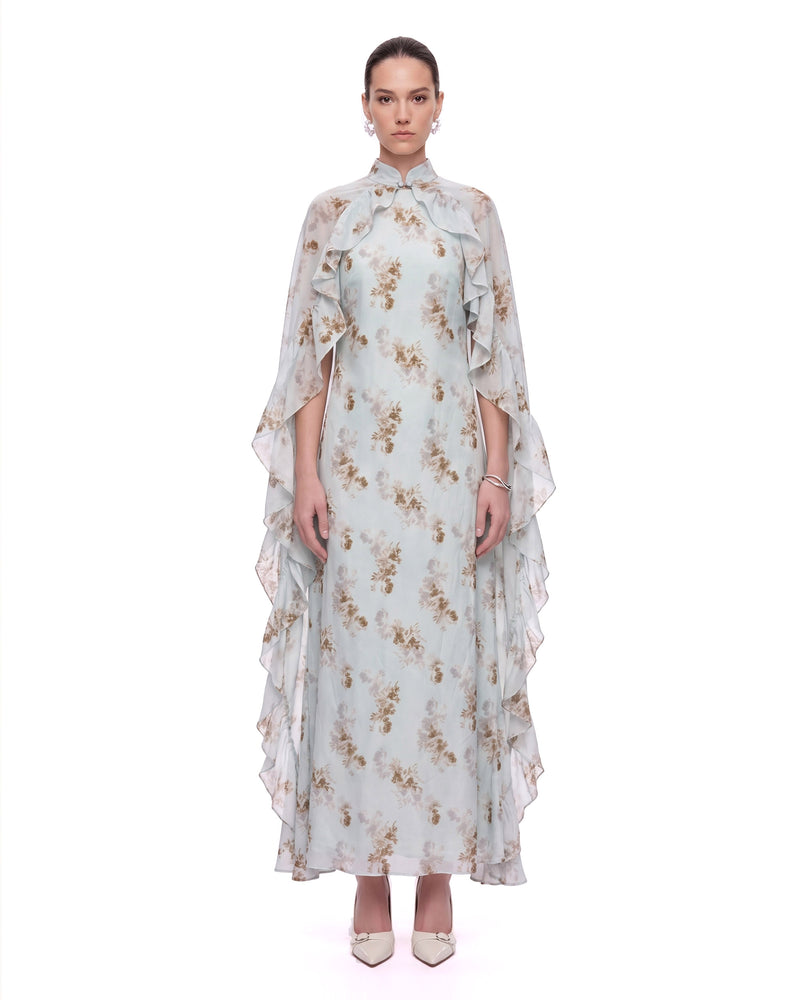 Floral Ruffle Cape Maxi Dress - Light Blue