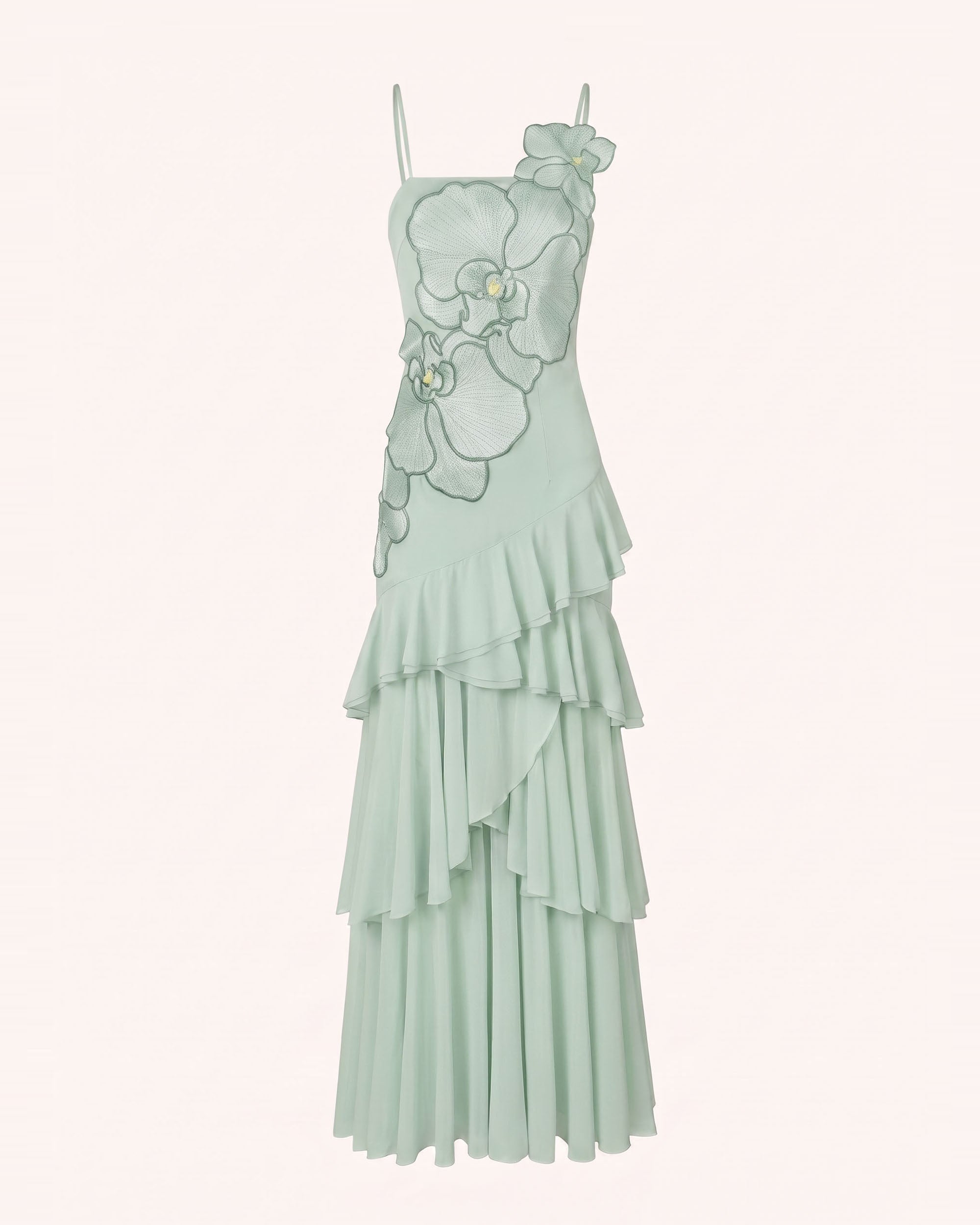 Orchid Embroidered Ruffled One-Shoulder Maxi Dress - Mint Green