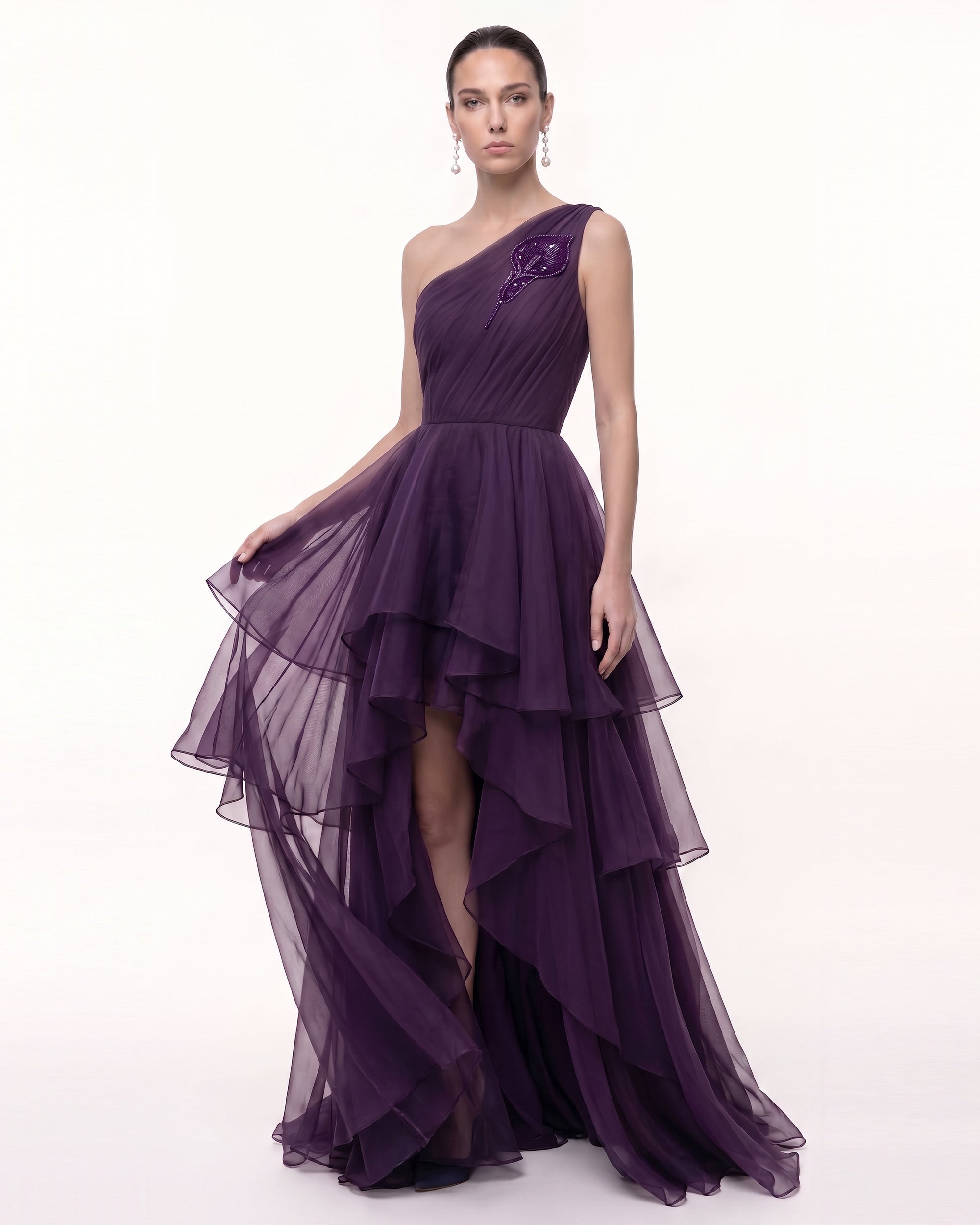 Calla Lily Embellished One-Shoulder Tiered High-Low Gown - Purple