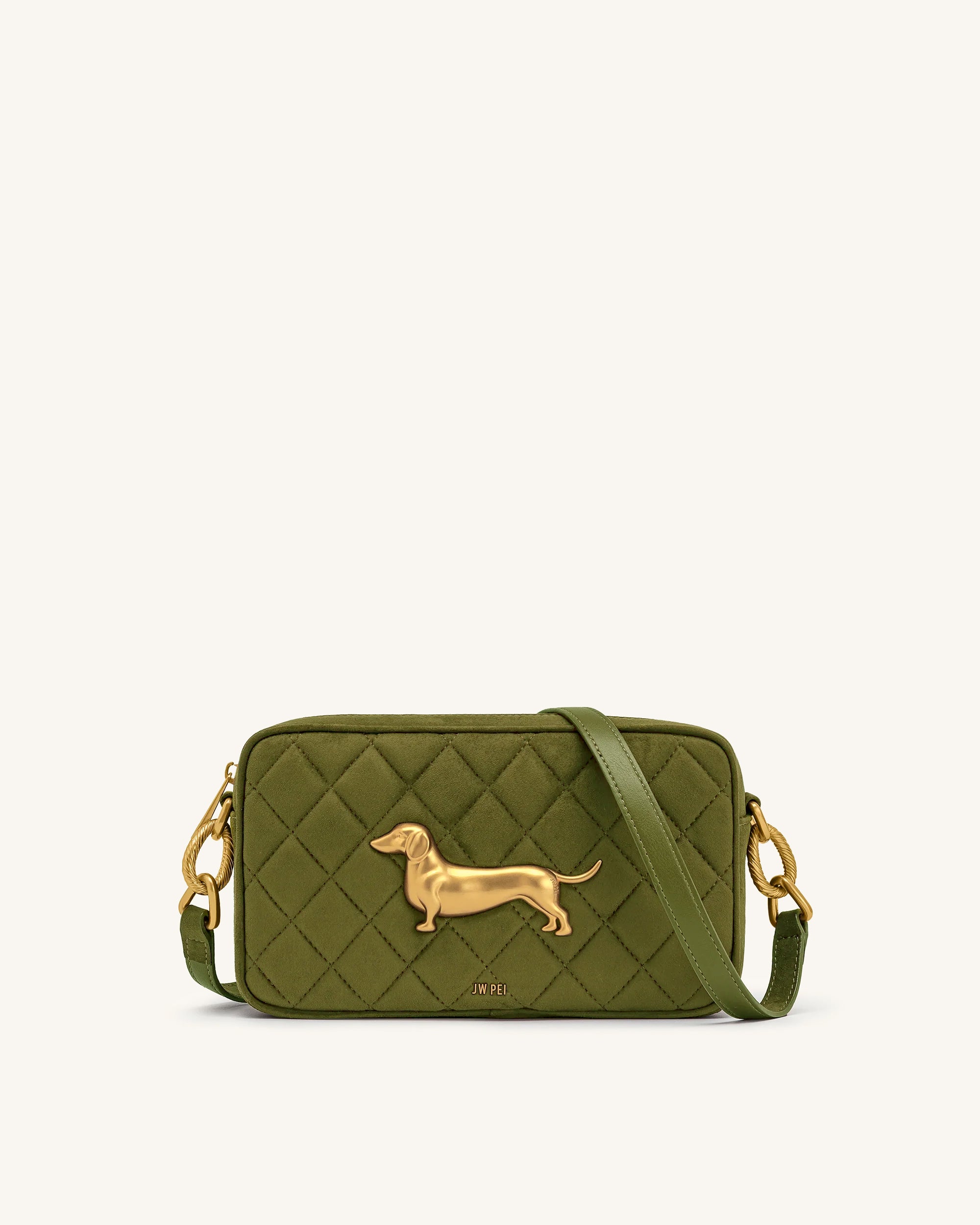 Riley Faux Suede Dachshund Quilted Shoulder Bag - Olive Green