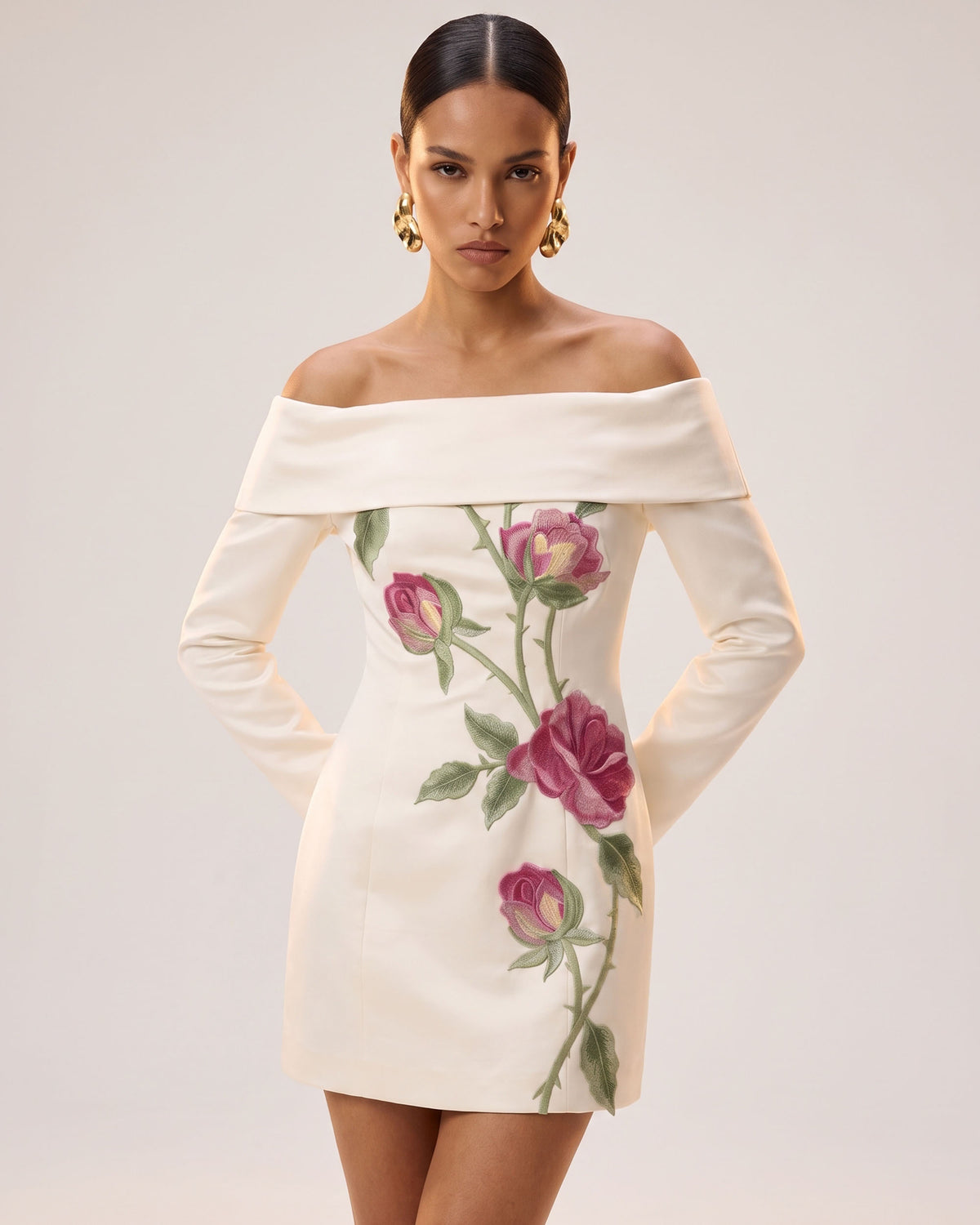 Rose Embroidered Foldover Long-Sleeve Mini Dress - Off White
