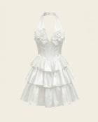 Flower Embroidered Tiered Halter Mini Dress - White