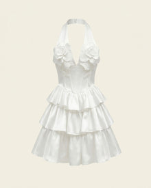Flower Embroidered Tiered Halter Mini Dress - White