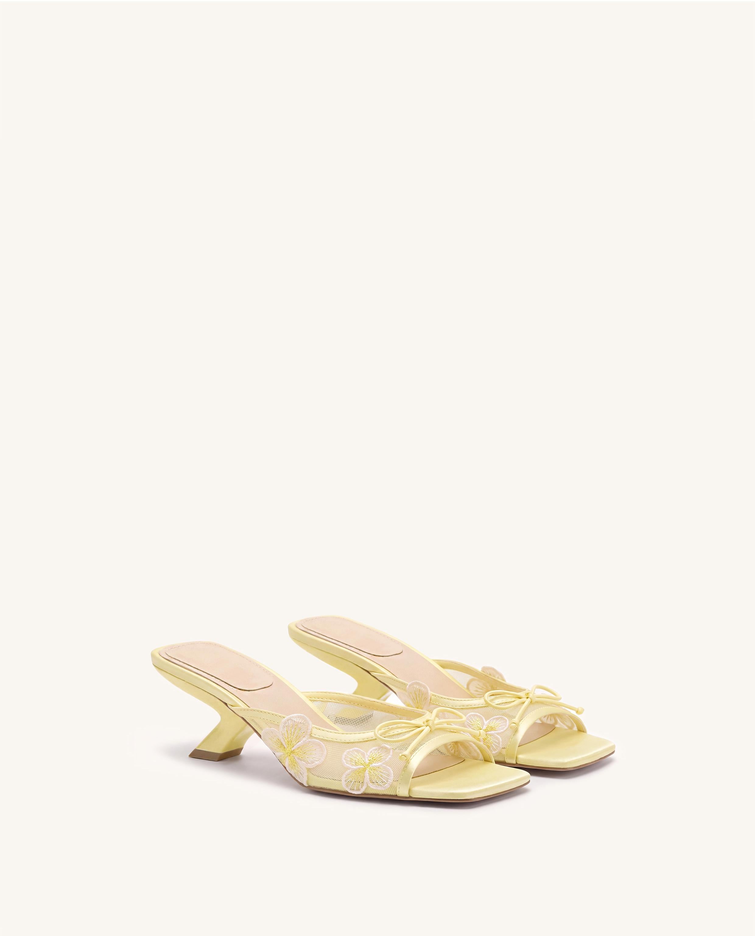 Mireille Bow Floral Embroidered Appliqué Mesh Heeled Sandals - Yellow