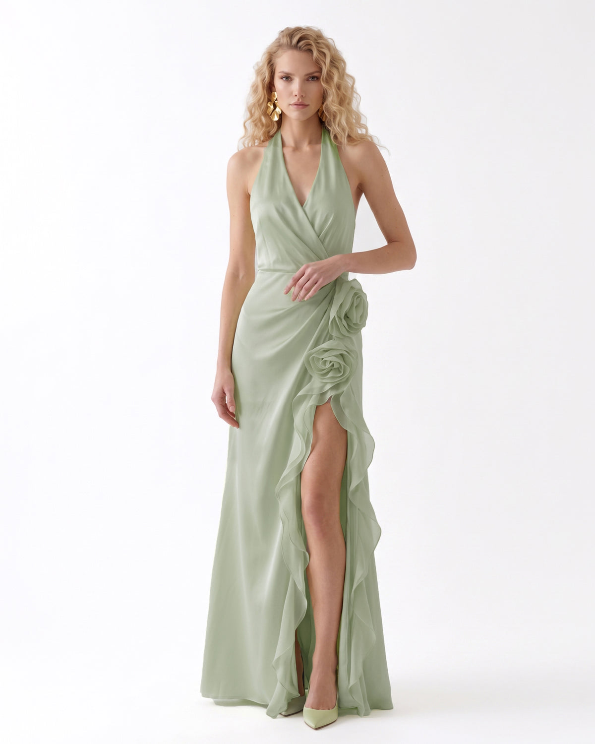 Halter Draped Rosette Slit Maxi Dress - Light Green