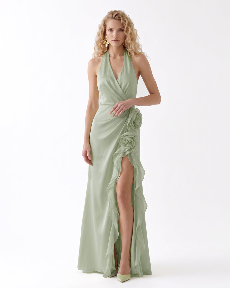 Halter Draped Rosette Slit Maxi Dress - Light Green