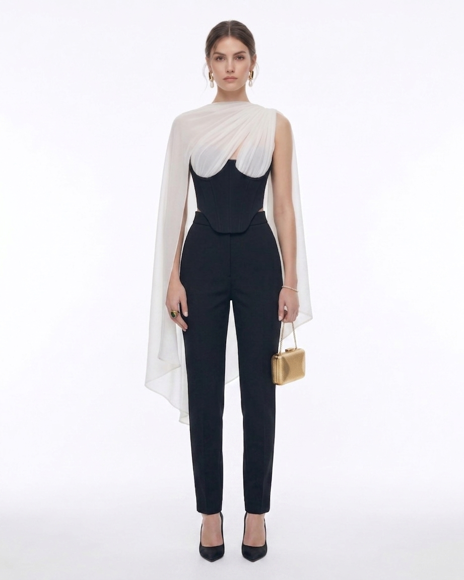 Strapless Corset Sheer Cape Top - Black & White