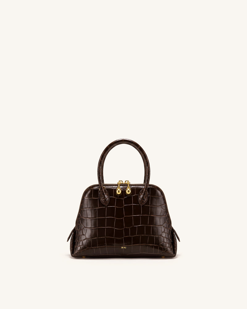 Nerina Structured Top Handle Bag - Dark Brown Croc